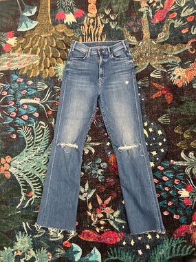 MOTHER Distressed Mid Blue Flare Jeans